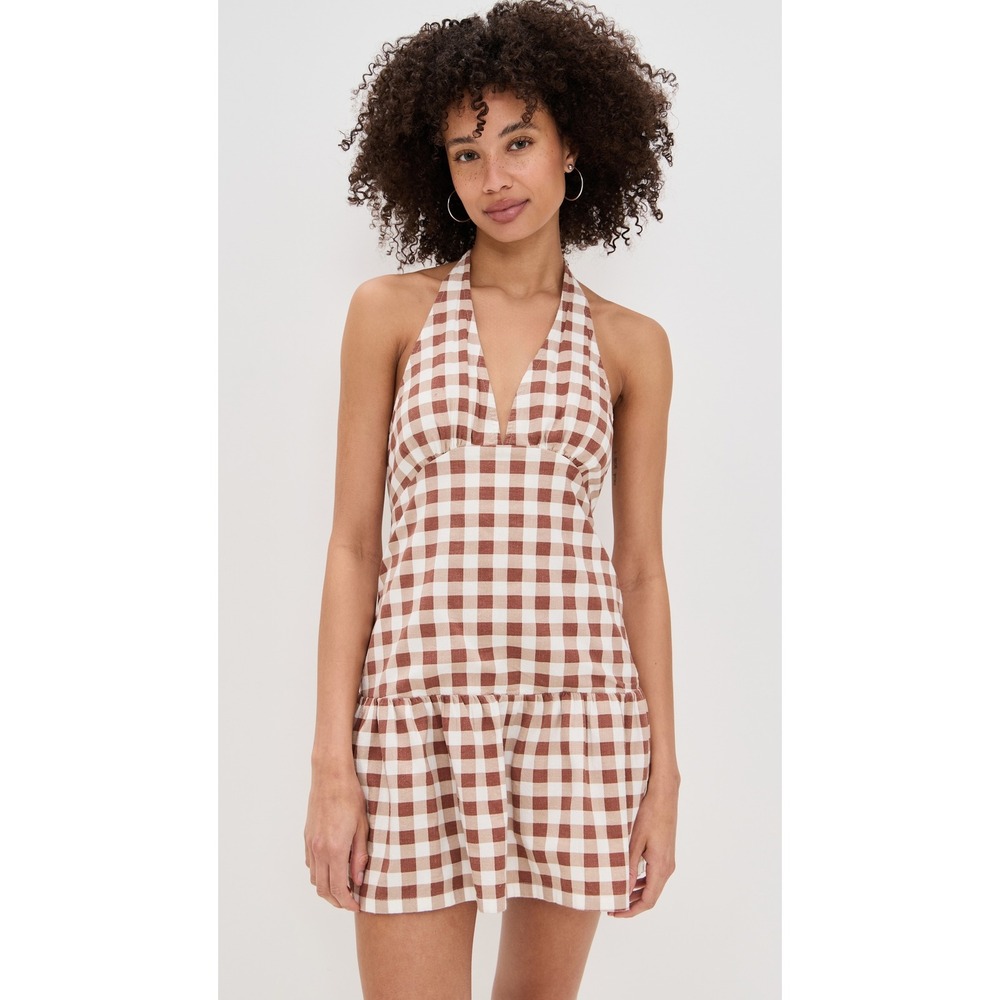 Free‎ People Cecil Mini Dress Brown Patina Combo Gingham Halter Size M
